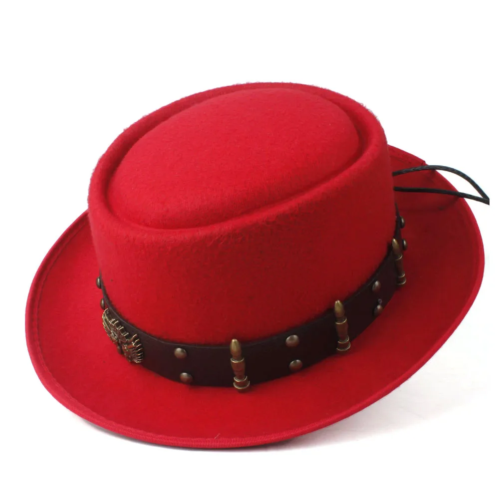 Шляпа-пирожок для мужчин и женщин с поясом в стиле панк модная шерстяная шляпа Трилби чародейная шляпа Поп шляпка для церкви размер 58 см - Цвет: Red