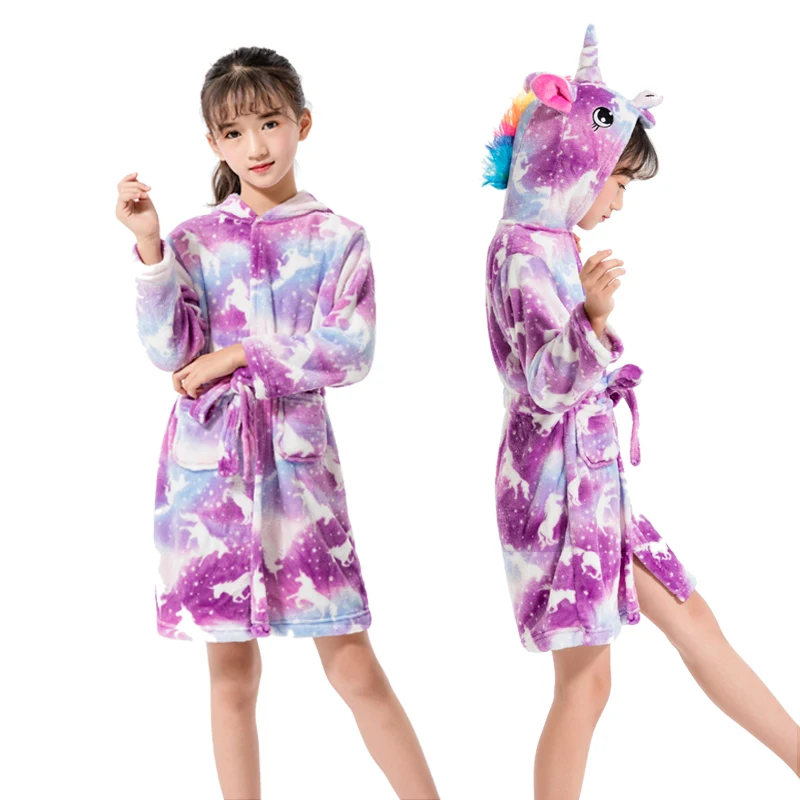 Кигуруми Единорог с капюшоном Детский банный халат детские фланелевые банные халаты для мальчиков и девочек пижамы Ночная рубашка детская одежда для сна - Цвет: Purple  Pegasus