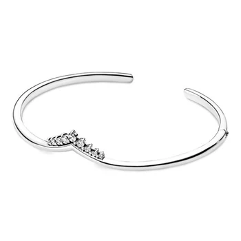 

2019 NEW 100% 925 Sterling Silver Tiara Wishbone Open Bangle Bracelet Fit Europe Charm Bead Original Jewelry Set Gift