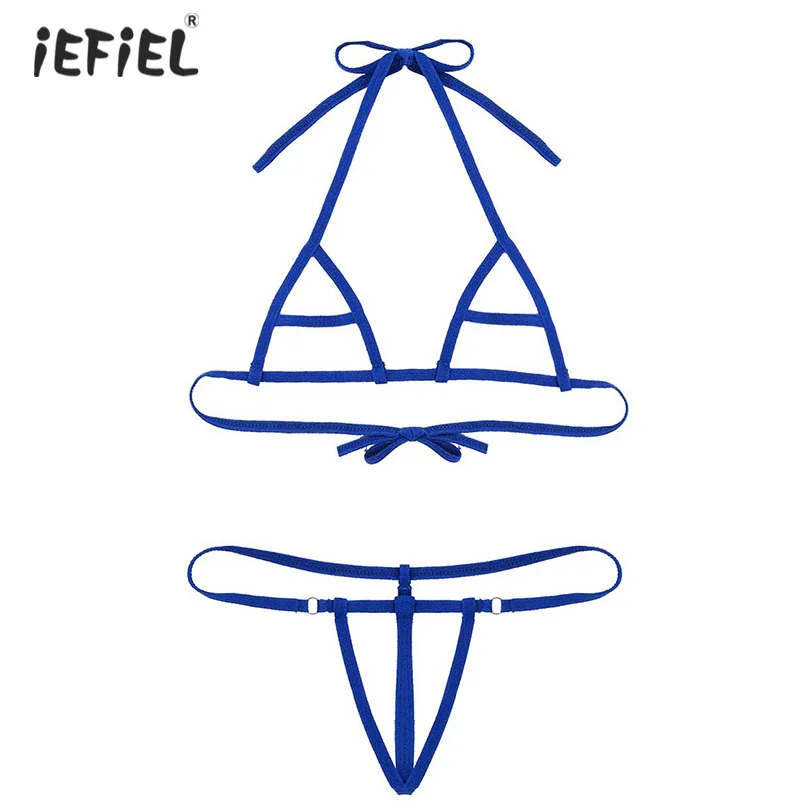 Womens Erotic Mini Hollow Out Two Pieces Bikini Lingerie Set Outfits Halter Neck Bra Top Open Crotch G-String Underwear | Тематическая