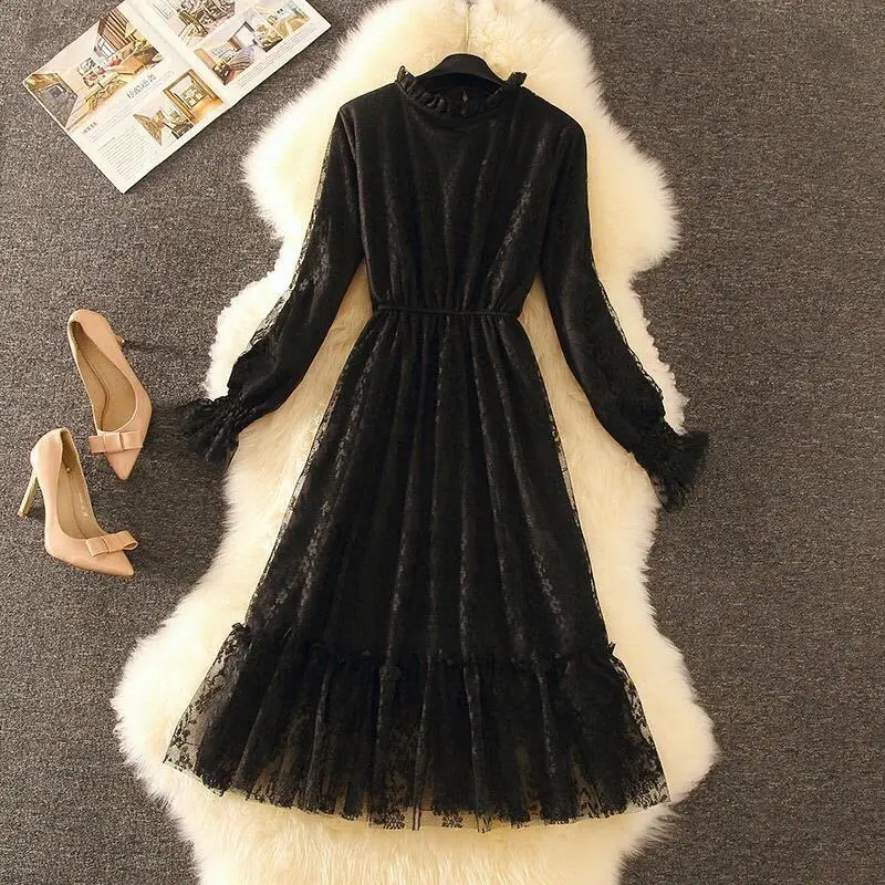 Long Sleeve Dress Women Autumn New Lace Patchwork French Style Tender Mid-calf Casual Sweet Elegant All-match Plus Velvet Cozy black dress Dresses