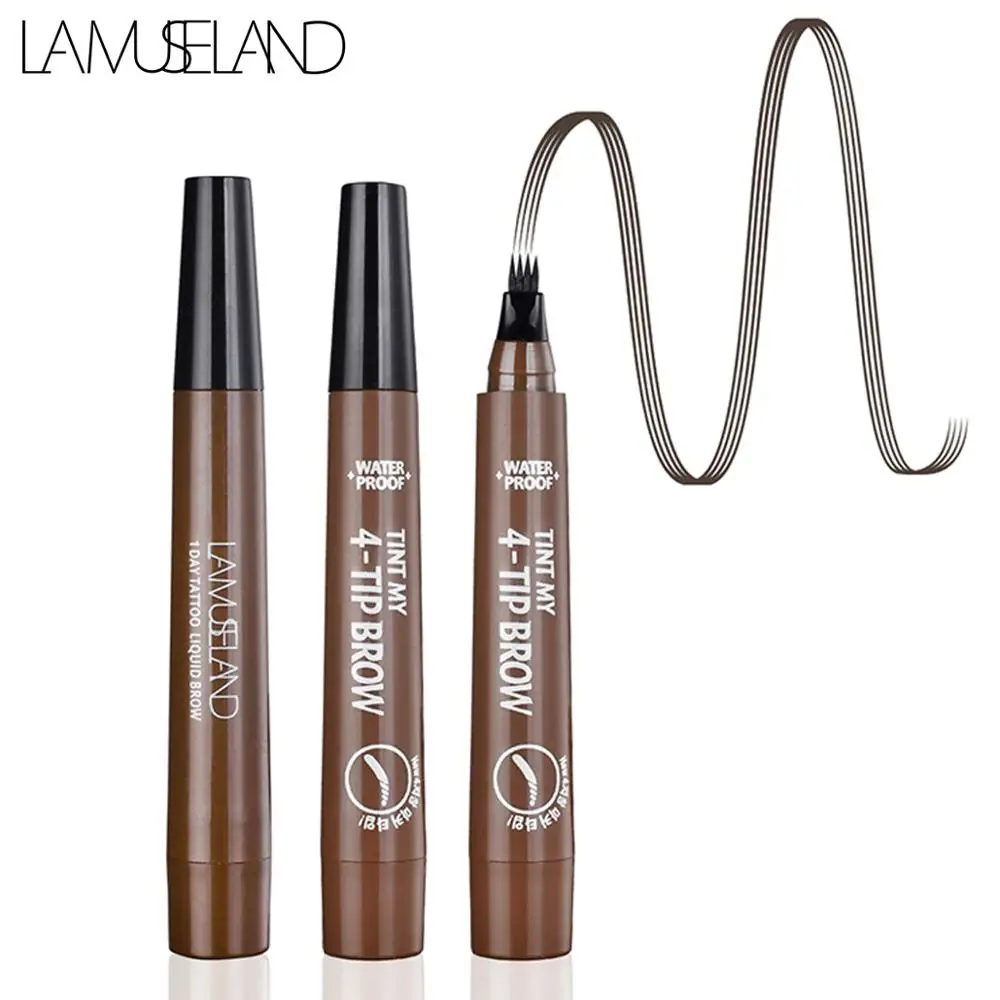 LAMUSELAND liquid eyebrow pencil 4 fork tips waterproof long lasting coffee brown microblading eyebrow tattoo pen LA019