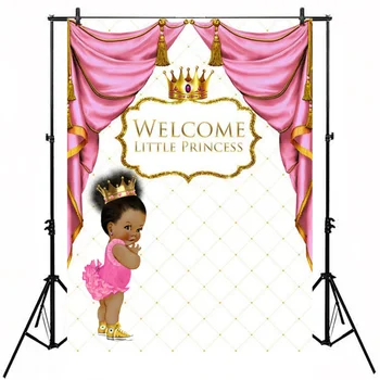 

Welcome Little Princess Backdrop For Photography Royal Girls Golden Crown Pink Curtain Baby Shower Decor Banner Photo Background