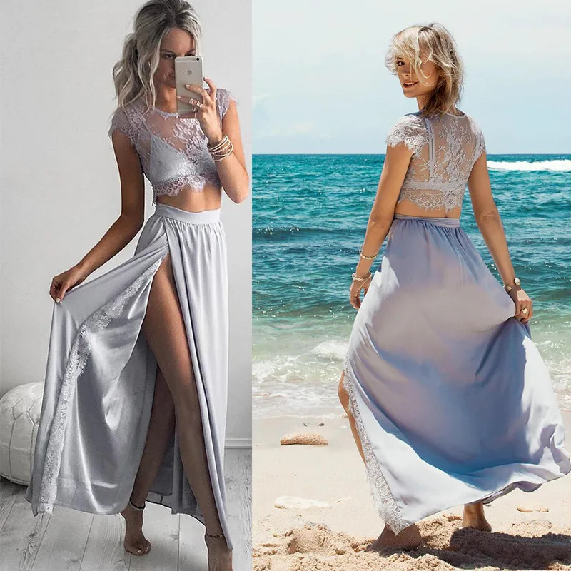 

Two Piece Beach Chiffon Prom Dresses Boho Sexy High Side Split Sheer Lace Top Evening Gowns vestidos de Festa 2020