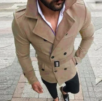 Khaki Модная зимняя мужская приталенная зимняя куртка Abrigo Hombre, Мужское пальто с поясом, однотонная ветровка, флисовый Тренч, мужские топы - Цвет: Khaki
