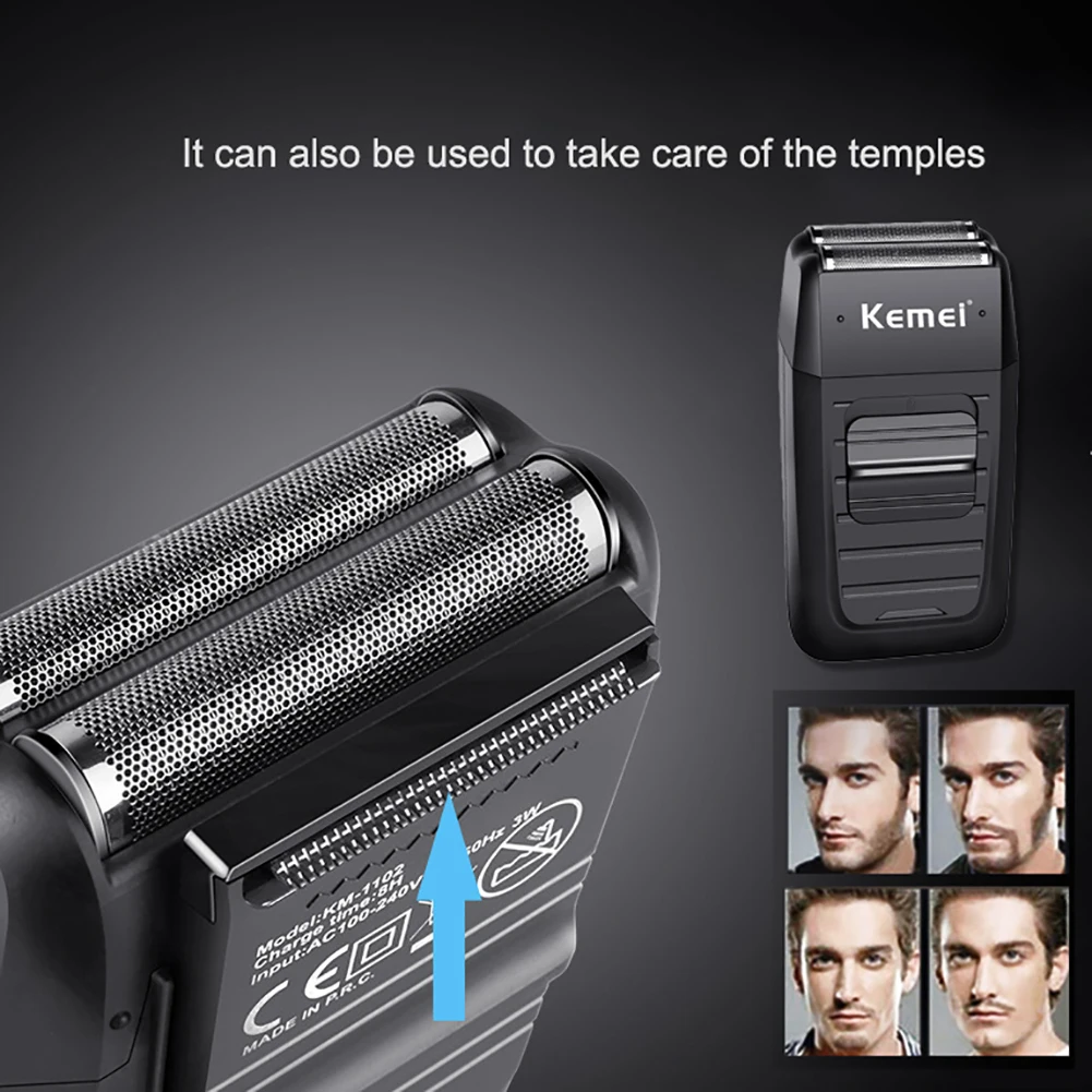 Kemei KM-1102 Аккумуляторная Беспроводная Бритва для мужчин с двумя лезвиями, возвратно-поступательная Бритва для бороды, многофункциональный триммер для ухода за лицом