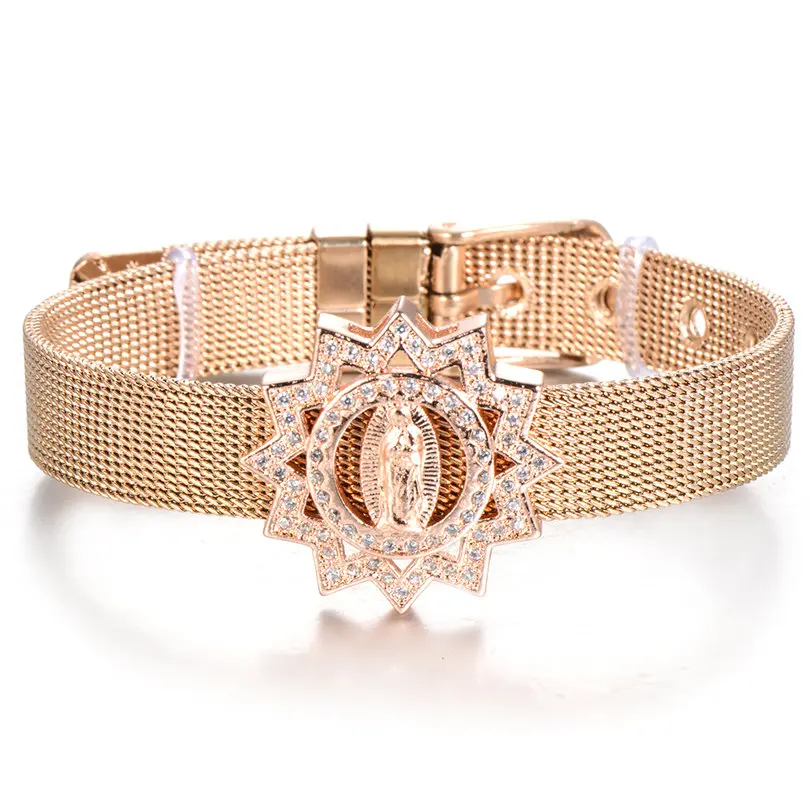 rose gold Pipitree CZ Циркон девственница Мэри браслет из нержавеющей стали браслеты для женщин регулируемые сетчатые браслеты Религиозные ювелирные изделия подарок - Окраска металла: rose gold