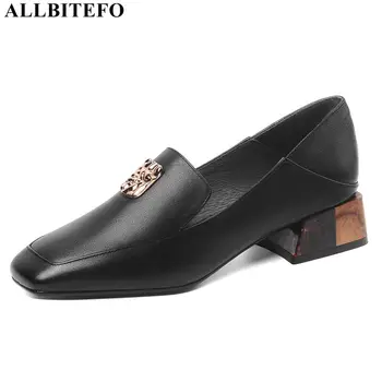 

ALLBITEFO square toe genuine leather thick heel office ladies shoes brand high heels party women shoes women high heel shoes
