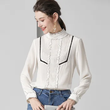 

white silk blouse for women high quality long sleeve plus size sexy casual office dress shirts clothes lotus leaf dropshipping