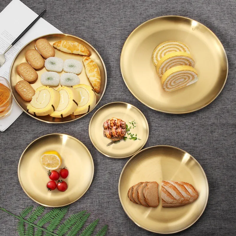 Golden Stainless Steel Storage Tray Luxurious Brass Gold Round Plate Fruit Cake Steak Snack Kitchen Metal |