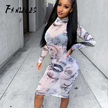 

Women white dragon Print Dress Sexy club Lady Party Night Dresses Female Long Sleeve Perspective Bodycon Streetwear dropshipping
