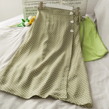 

Green Skirt Knee Length Summer Korean Style Skirt Women 2020 Elegant Long Skirt Chiffon Jupe Femme Carreaux
