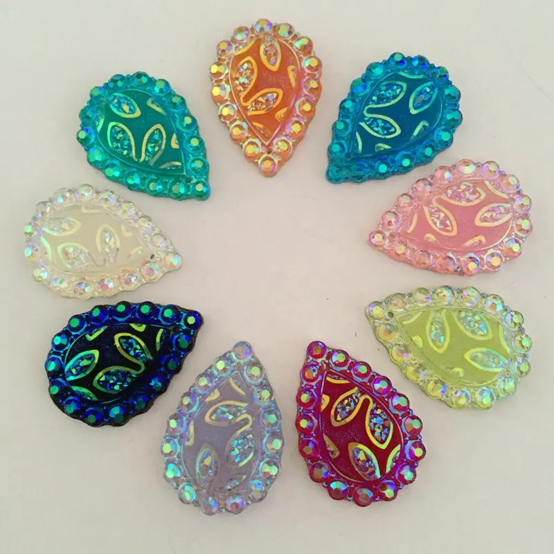 20pcs Ab Resin 18*25mm Flower Surface Teardrop Flatback Rhinestone Appliques Diy Wedding 2 Hole
