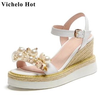 

Vichelo Hot new genuine leather peep toe super high heels wedges pearl shell decorations beauty lady vacation sandals women L19