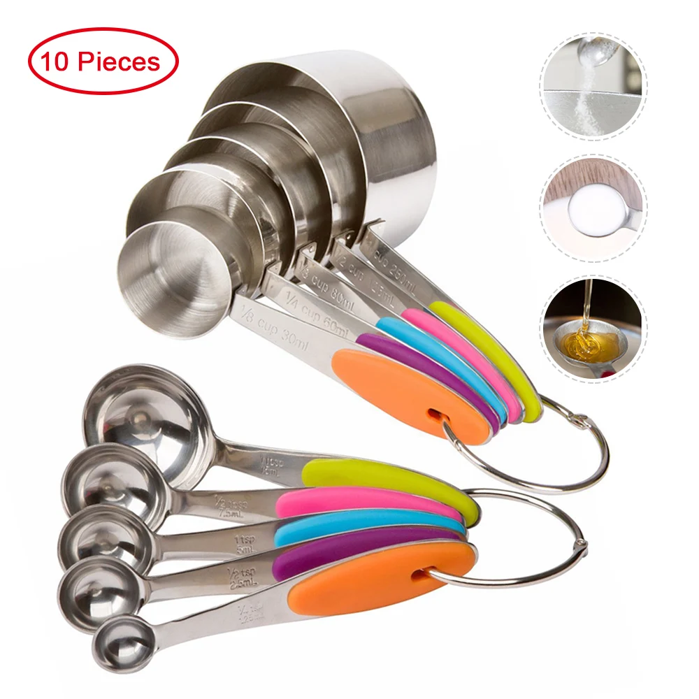 

10 pcs/set Measuring Cup Set Stainless Steel 430 Measuring Spoon With Silicone Handle Foldable Baking Measuring Kitchen Tool
