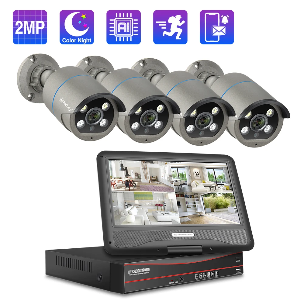 Techage 8CH 1080P HD 10" LCD Monitor NVR 4pcs POE IP Camera CCTV