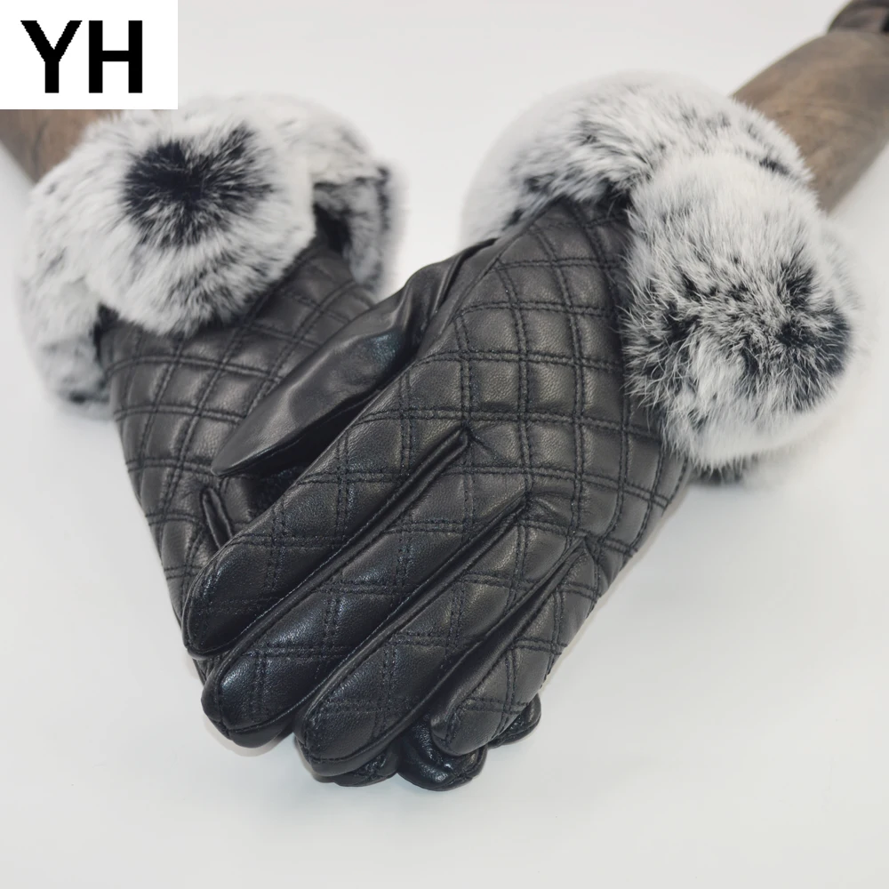 Женские перчатки из натуральной овечьей кожи, перчатки из меха кролика Рекс, зимние Бархатные ветрозащитные перчатки из натуральной овечьей кожи