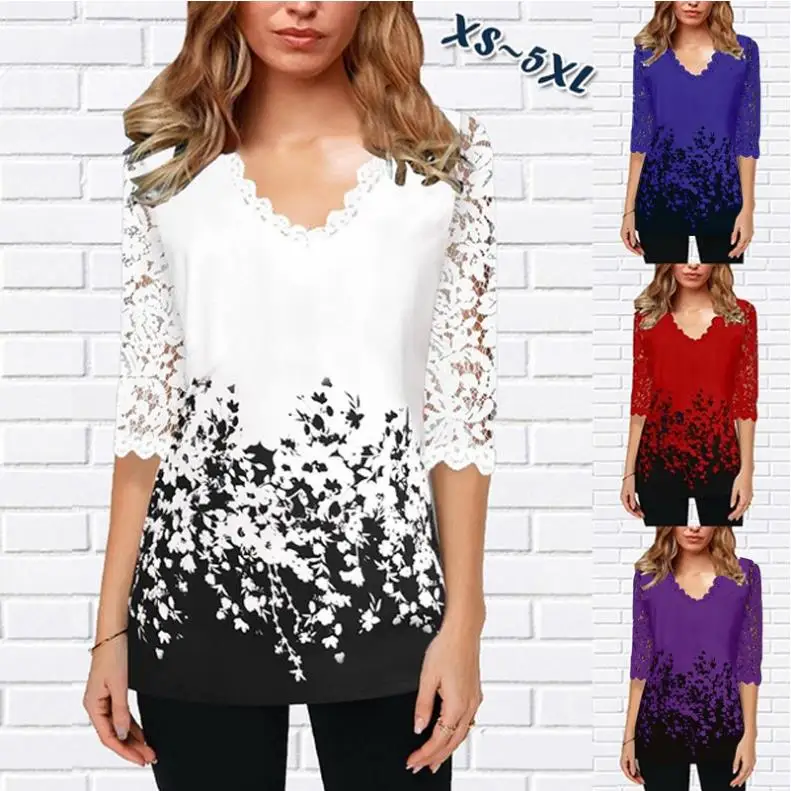 Plus Size 4xl 5XL Shirt Blouse Female 2020 Spring New Tops V-neck Half Sleeve Lace Splice Print Boho Women shirt