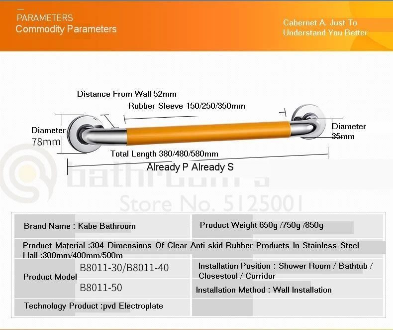 Bathroom Handrail Stainless Steel Barrier-free Bathroom Elderly Hand Slip Non-slip Toilet Thick Handrail Shower Bar