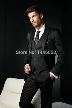 

New Arrival 2017 Black Groom Tuxedos Groomsman Bridegroom 3 Piece Men Slim Fit Suits (Jacket+Pants+Vest) Wedding Suits For Men