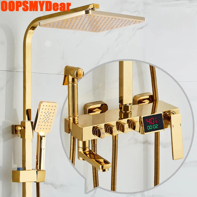 Gold Thermostatic Bath Shower System Bathroom Hot Cold Digital Shower ...