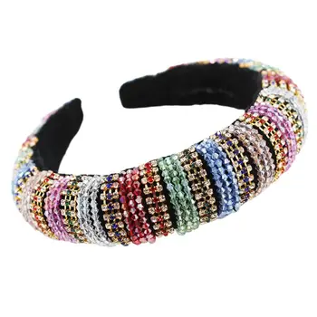 

Baroque Luxury Jewelry Headband Women Retro Sponge Padded Hair Hoop Contrast Colored Rhinestone Tassels Stripes Bandana