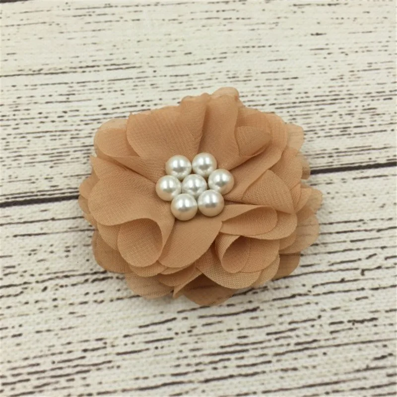

100pcs/lot DIY Clothes Craft Suppies 2.8'' Flat Back Chiffon Flowers With Pearls In Centre For Baby Girl Hair Accessories FX25