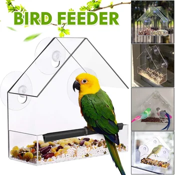 

Bird Feeder Acrylic Transparent Window Viewing Tray Birdhouse Pet Water Feeder Suction Cup Mount House Type Feeder 15x7x16cm