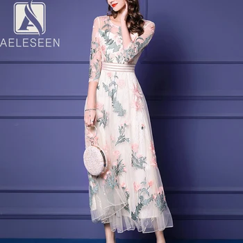 

AELESEEN 2020 Spring New Runway Disigner Ins Style Elegant Floral Embroidery A-Line Dresses Women Luxury Beading Long Dress