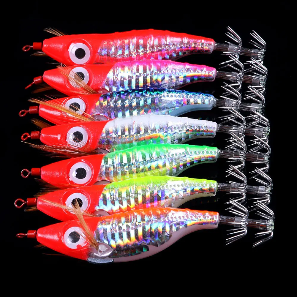 

7PCS Luminous Squid Jig Wood Shrimp Fishing Lure 10cm 9g Squid Cuttlefish Jigs Lures Spinnerbait Wood Shrimp hook