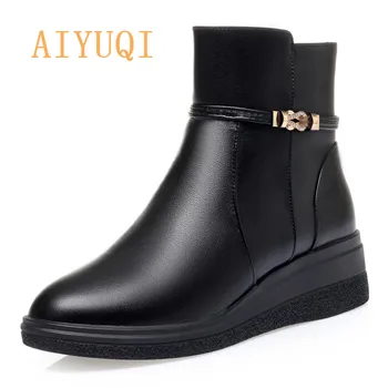 

AIYUQI Ladies Snow Boots Winter New Genuine Leather Casual Wedges With Wool Warm Mother Boots Shoes Ladies Short Boots