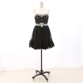 

MACloth Black A-Line Strapless Knee-Length Short Crystal Tulle Prom Dresses Dress M 267877 Clearance