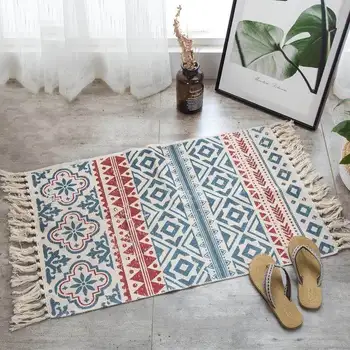 

Retro bohemian hand-fringed woven cotton linen rug headboard rug geometric floor cushion long rug bed cover tapestry home decora