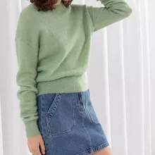 Шерстяной женский зеленый вязаный свитер с круглым вырезом и длинным рукавом, осень и зима, женский вязаный пуловер, Топ