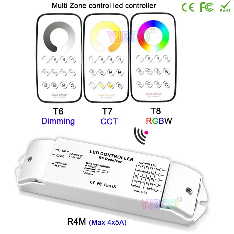 

T6+R4M/T7+R4M/T8+R4M Multi Zone dimming/CCT/RGBW Max 5x4A RF remote with Receiver controller for LED Strip Light,DC12V-24V