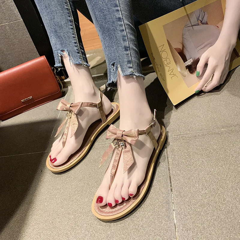 

2019 Summer Europe And America New Style Bow Lightweight Sandals Flat Split Toe Buckle WOMEN'S Shoes-