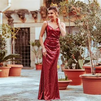 

Sexy V-neck Sequined Long Dress Women Spaghetti Strap Split Dresses Elegant Bodycon Party Vestidos Evening Dresses