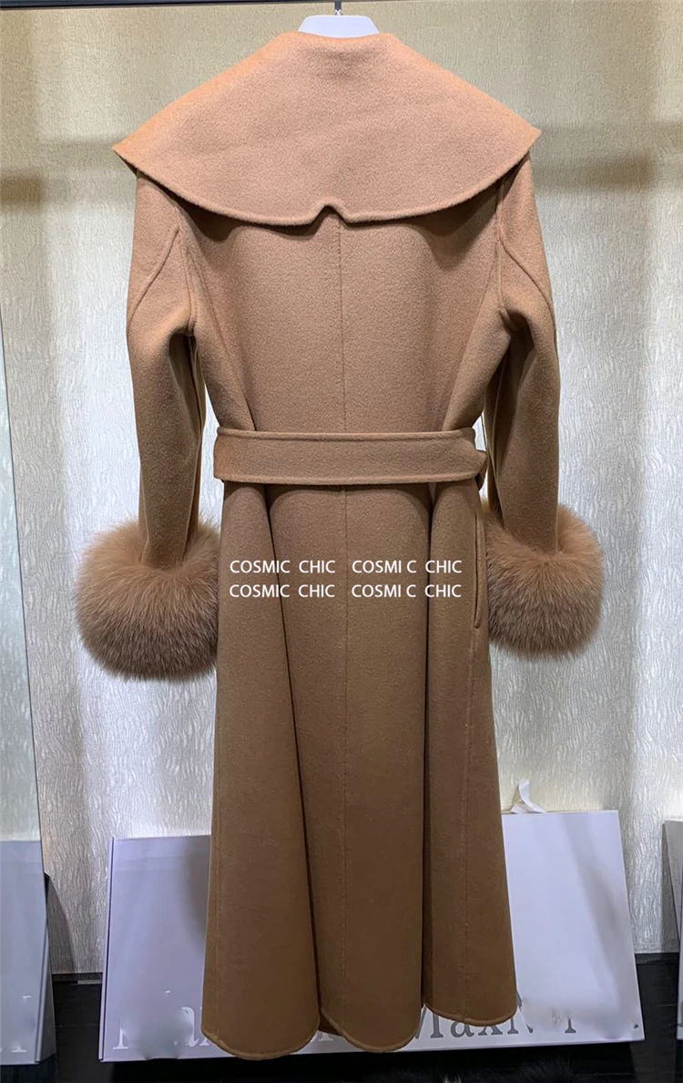 Cosmicchic зимнее женское кашемировое шерстяное длинное пальто с воротником из натурального меха лисы, теплое элегантное женское пальто Макси