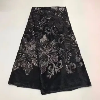 

Royal blue black Velvet Lace Fabric 2019 African High Quality Handwork Sequined embroidery Velvet Lace Fabric For Dress Party