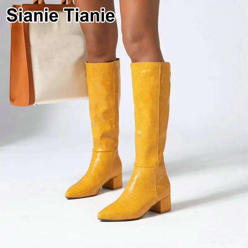 

Sianie Tianie snake skin PU leather sexy yellow woman boots pointed toe chunky high heels women knee high boots big size 46 47