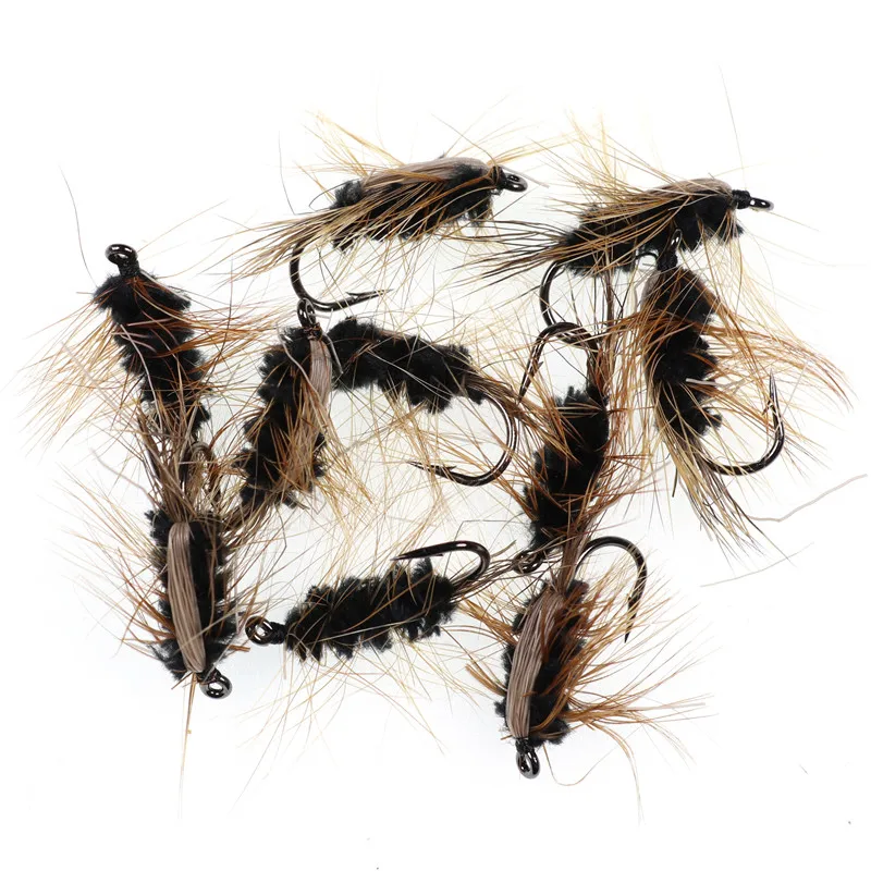Черное тело шерстянный червь коричневый Кадис Нимфа летающие волосы оленя Жук форель нахлыстом приманки 10 шт#6 CY02