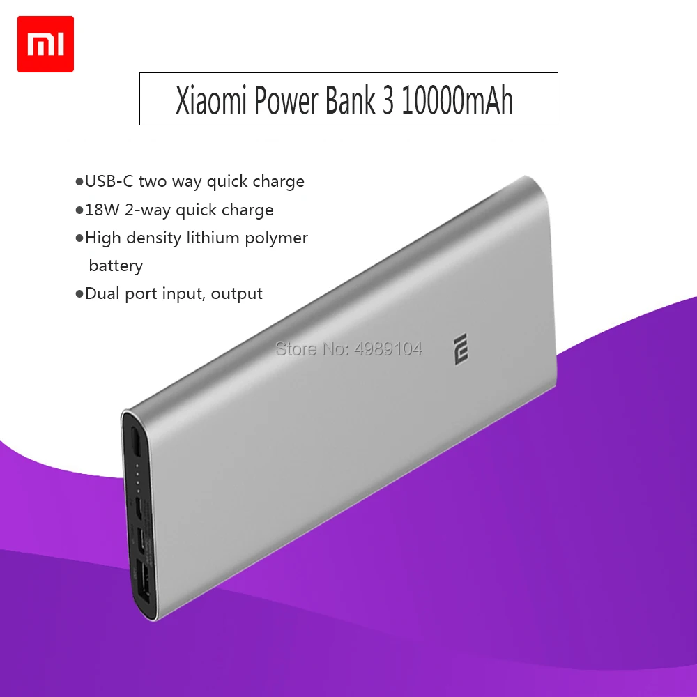 Новинка 2019 Xiaomi Mi 10000 ма/ч внешний аккумулятор 3 двухсторонний быстрая зарядка USB-C