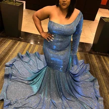 Длинные блестящие размера плюс платья для выпускного вечера Русалка Одиночная с длинным рукавом африканская темнокожая девушка светильник синие женские платья для выпускного вечера