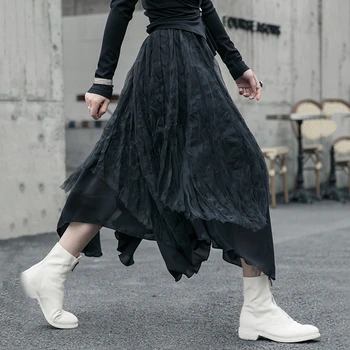

simple High Elastic Waist Black Organza Split Asymmetrical Half-body Skirt Women Fashion Tide New Spring Autumn 2020 1R592