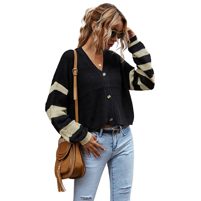 

Women Cardigan Sweaters Autumn Winter Casual Knitted Patchwork Color V- Neck Single Breasted Loose Outdoor Knitted Tops Sweater