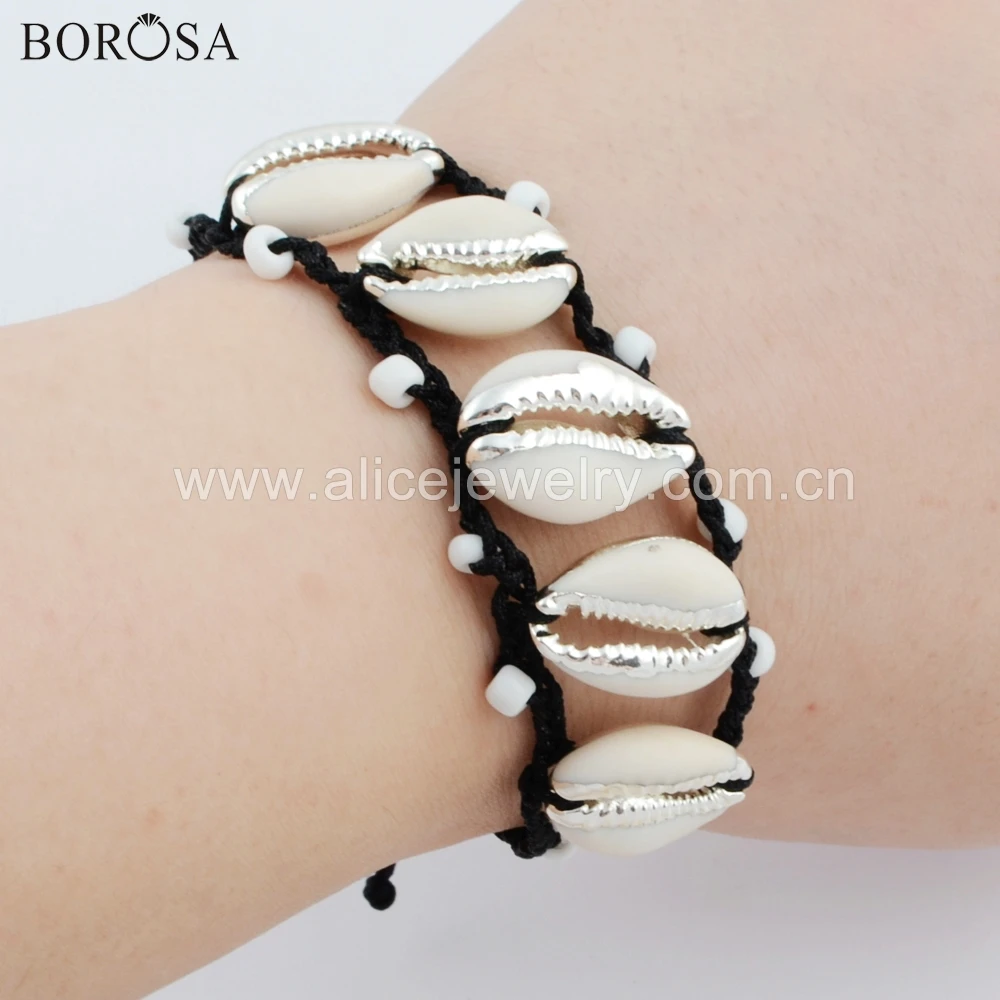 

BOROSA Handmade Five Silver Trim Natural Cowrie Shell Beads Adjustable Black Rope Bracelet Boho Gold Shell Women Bracelet HD0017