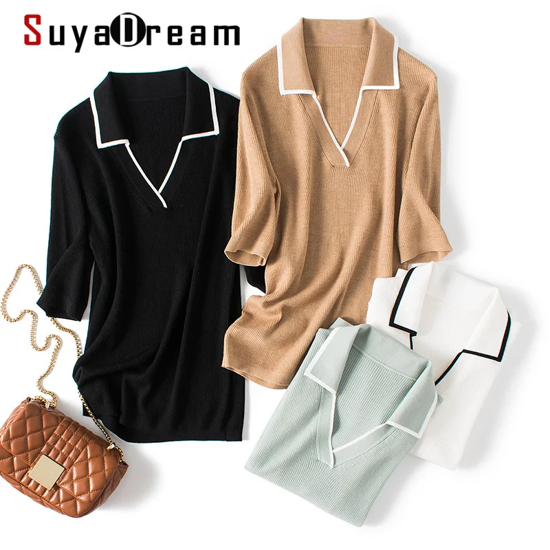 SuyaDream Women 100Merino Wool Sweaters 2021 Winter 1/2 Sleeves Ribs