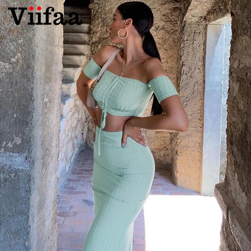 

Viifaa Mint Green 2pc Drawstring Crop Top and Long Skirt Set Women Off Shoulder Slit Side Sexy Matching 2 Piece Knitted Set