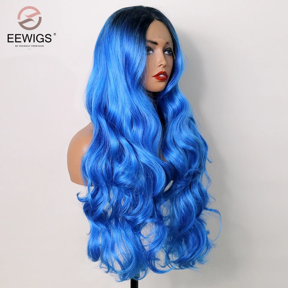 EEWIGS парик Голубой с эффектом омбре высокая плотность синтетический термостойкий парик Синтетические волосы на кружеве парик 13x4 бесклеевой Косплэй парики для чернокожих Для женщин