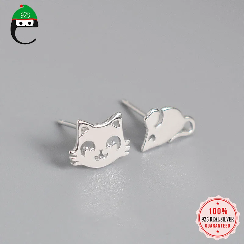 ElfoPlataSi Genuine Fashion 925 Sterling Silver Sweet Asymmetric Cat Mouse Stud Earring For Women Fine Jewelry Gift DA500 | Украшения и
